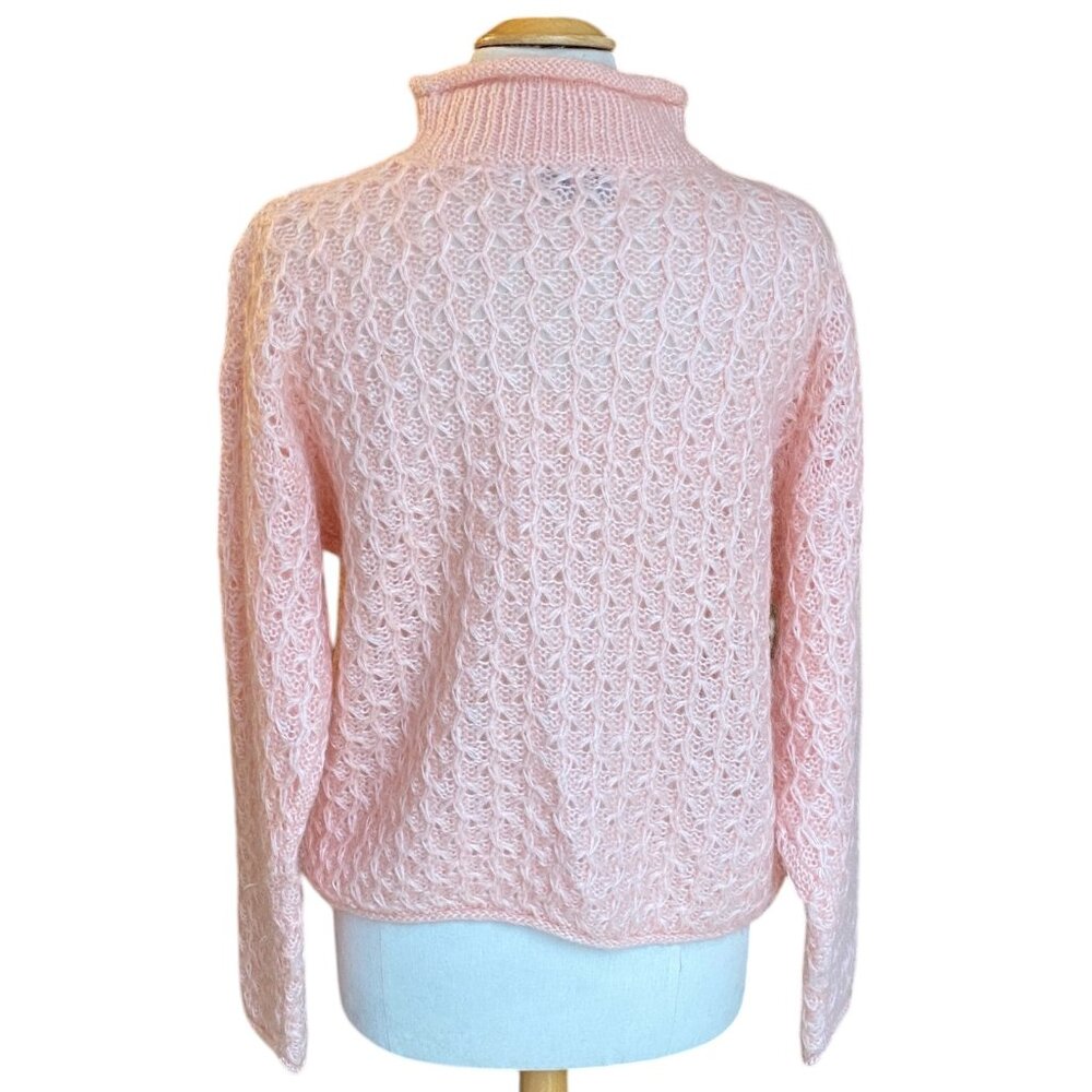 Vintage Roll Neck Mohair Cable Knit Sweater Soft PInk Y2K Coquette French Girl-L - Picture 6 of 9